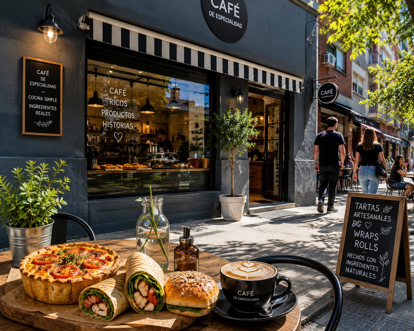 Cafetería de especialidad a la calle con tarta, wraps, sándwich y café Piso Uno en primer plano